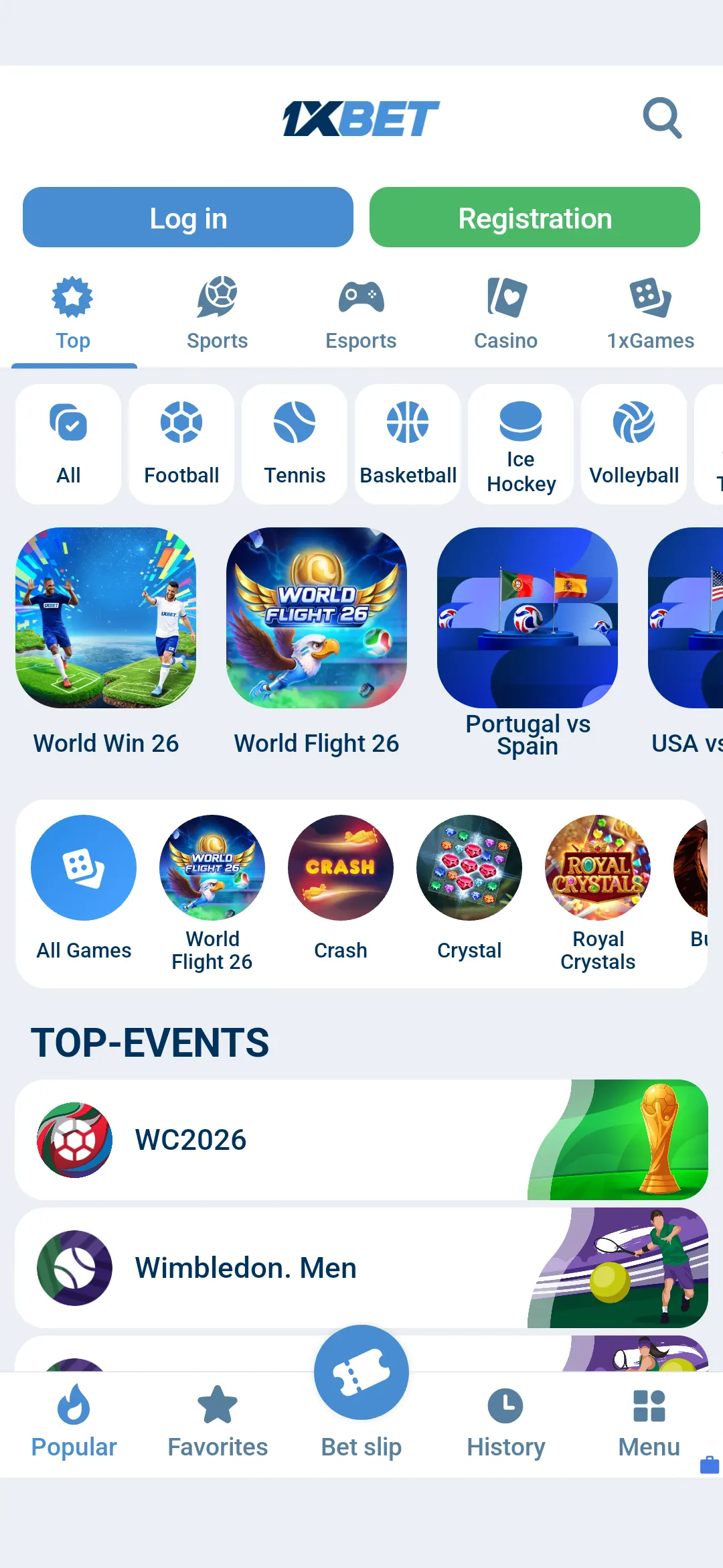 1xBet Android app home screen with sports and casino menu