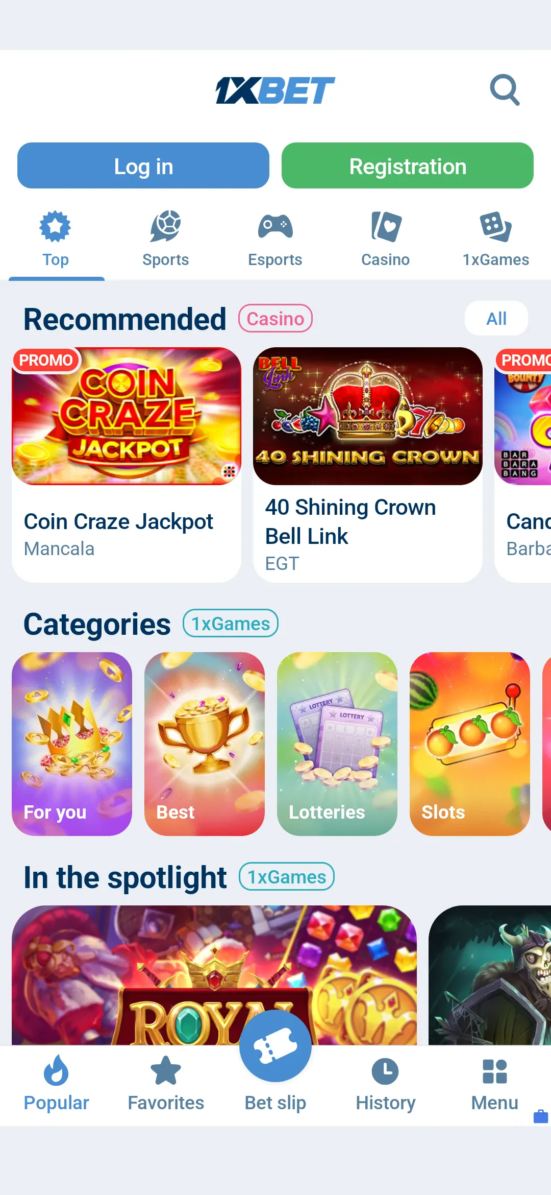 1xBet APK casino games and 1xGames categories on Android