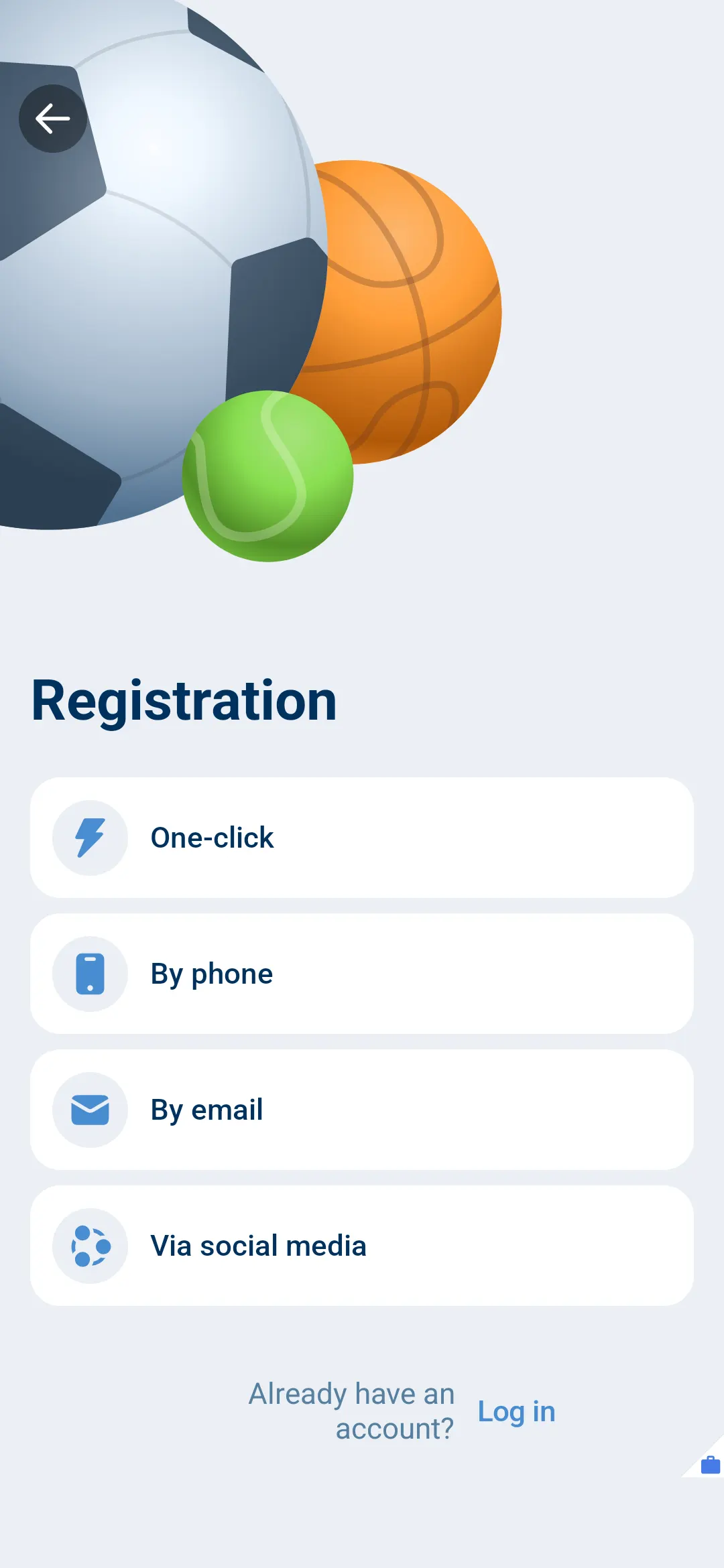 1xBet APK registration method selection screen on Android