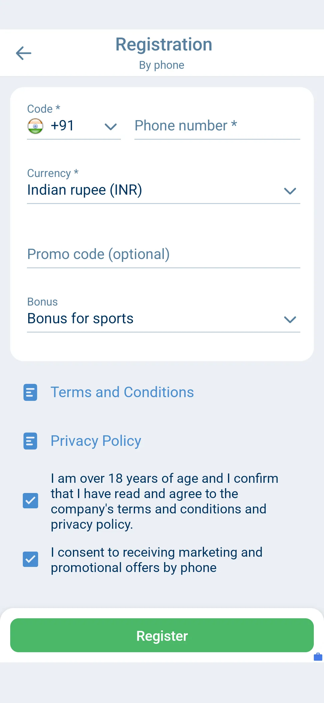 1xBet app registration by phone number for India users