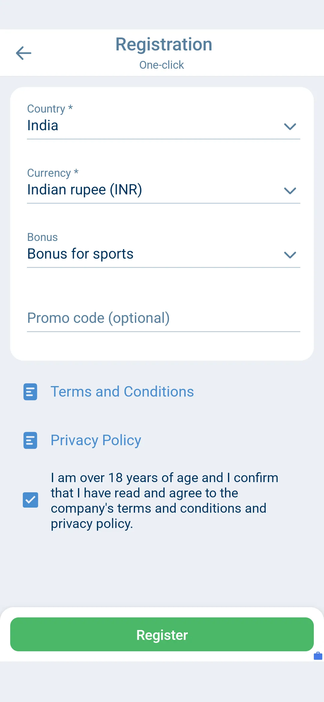 1xBet Android app one-click registration screen