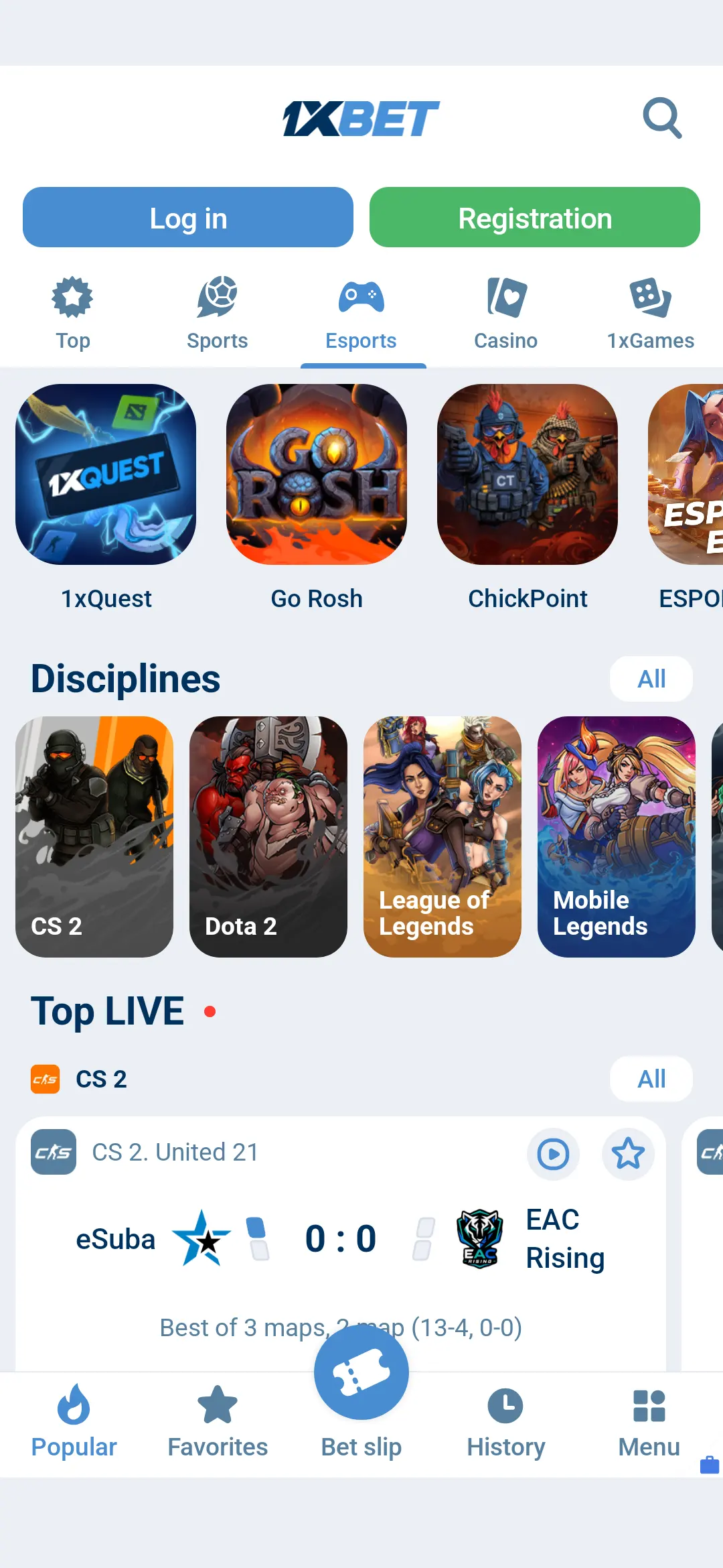 1xBet app esports and live betting screen on Android