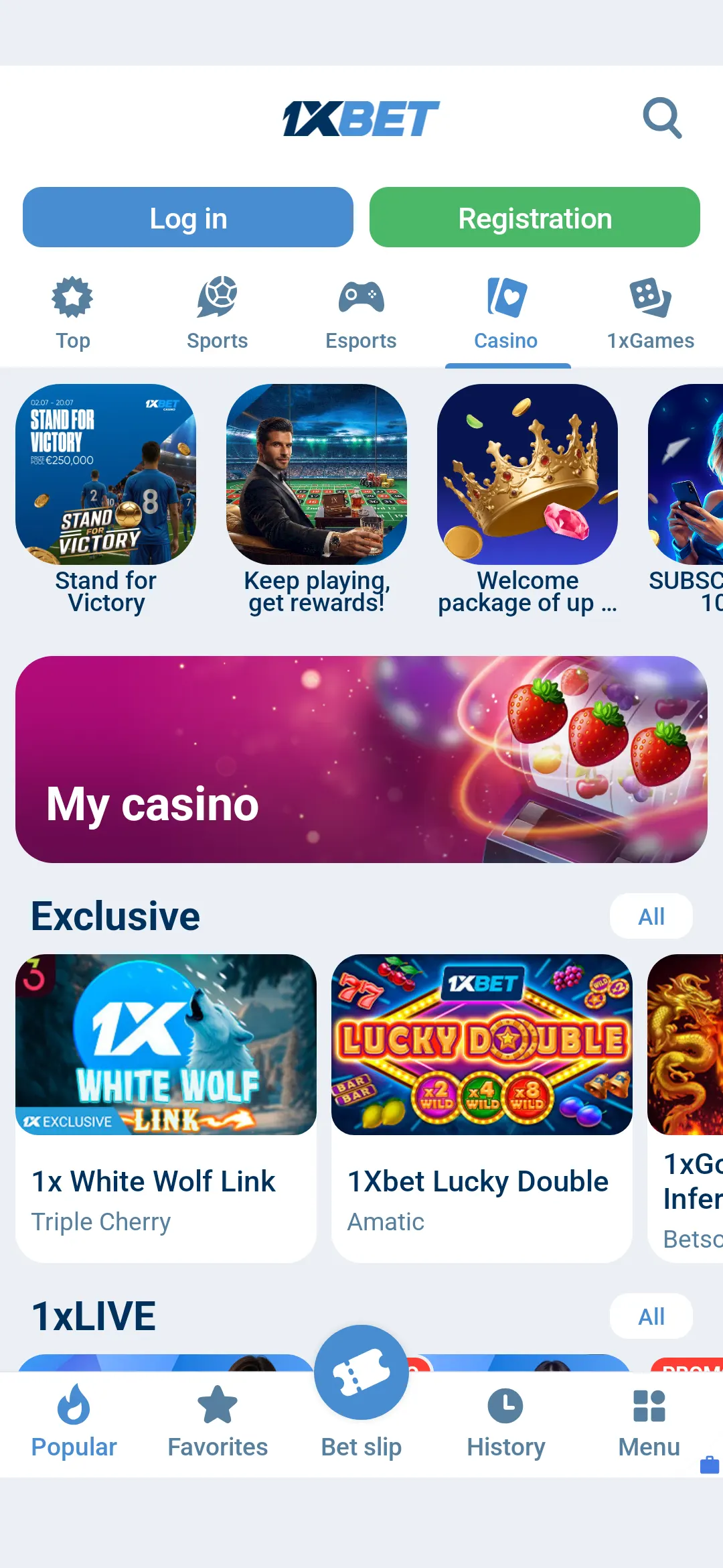 1xBet Android app casino lobby with slots and live casino