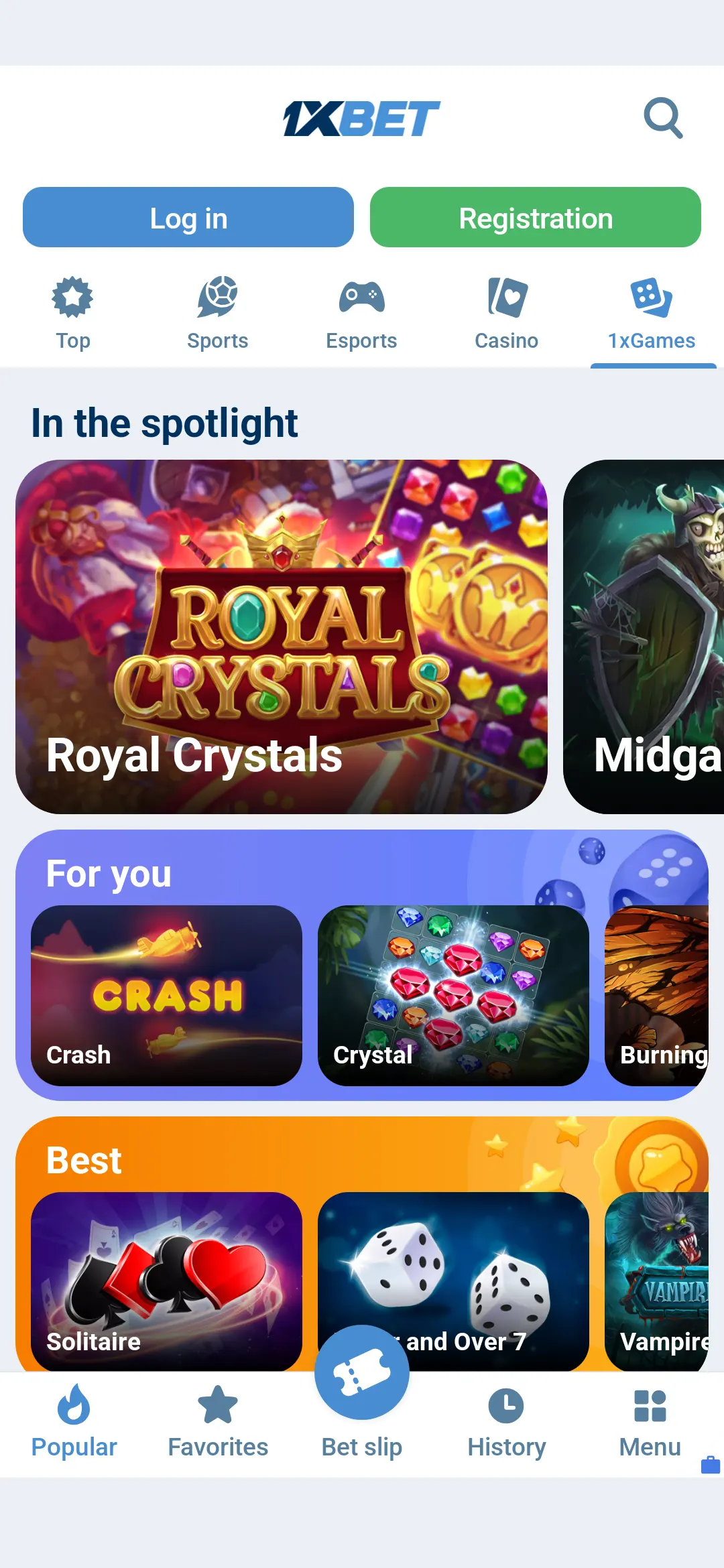1xBet APK 1xGames section with mini games on Android