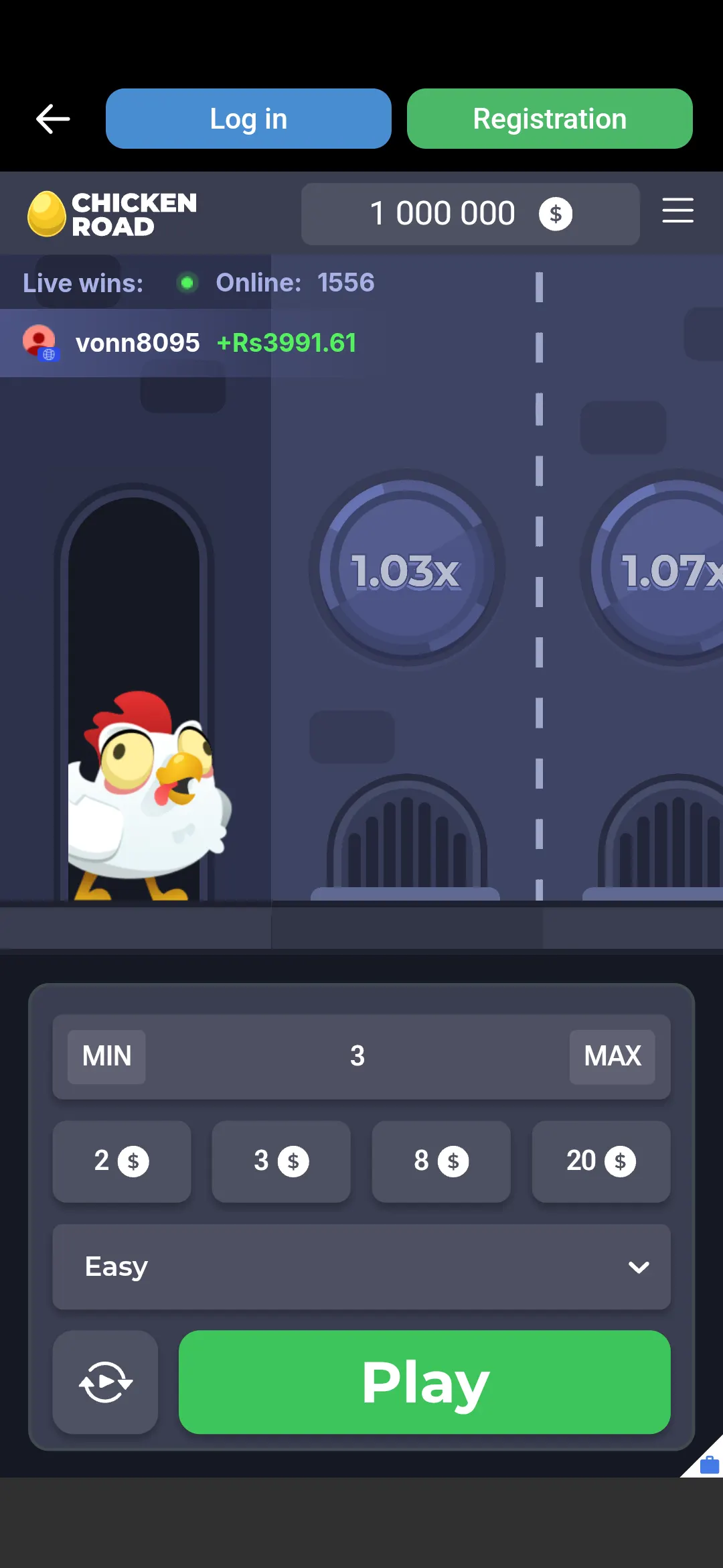 1xBet app Chicken Road crash game screen on Android