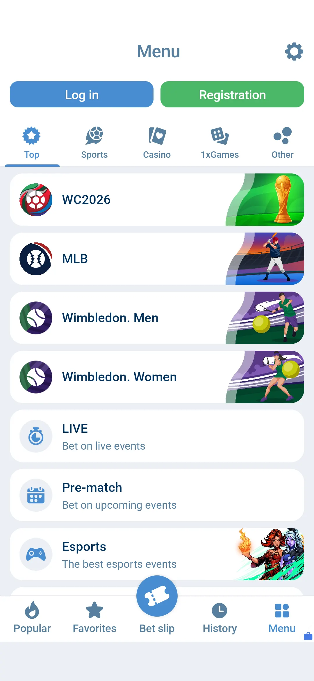 1xBet Android app menu with sports betting categories