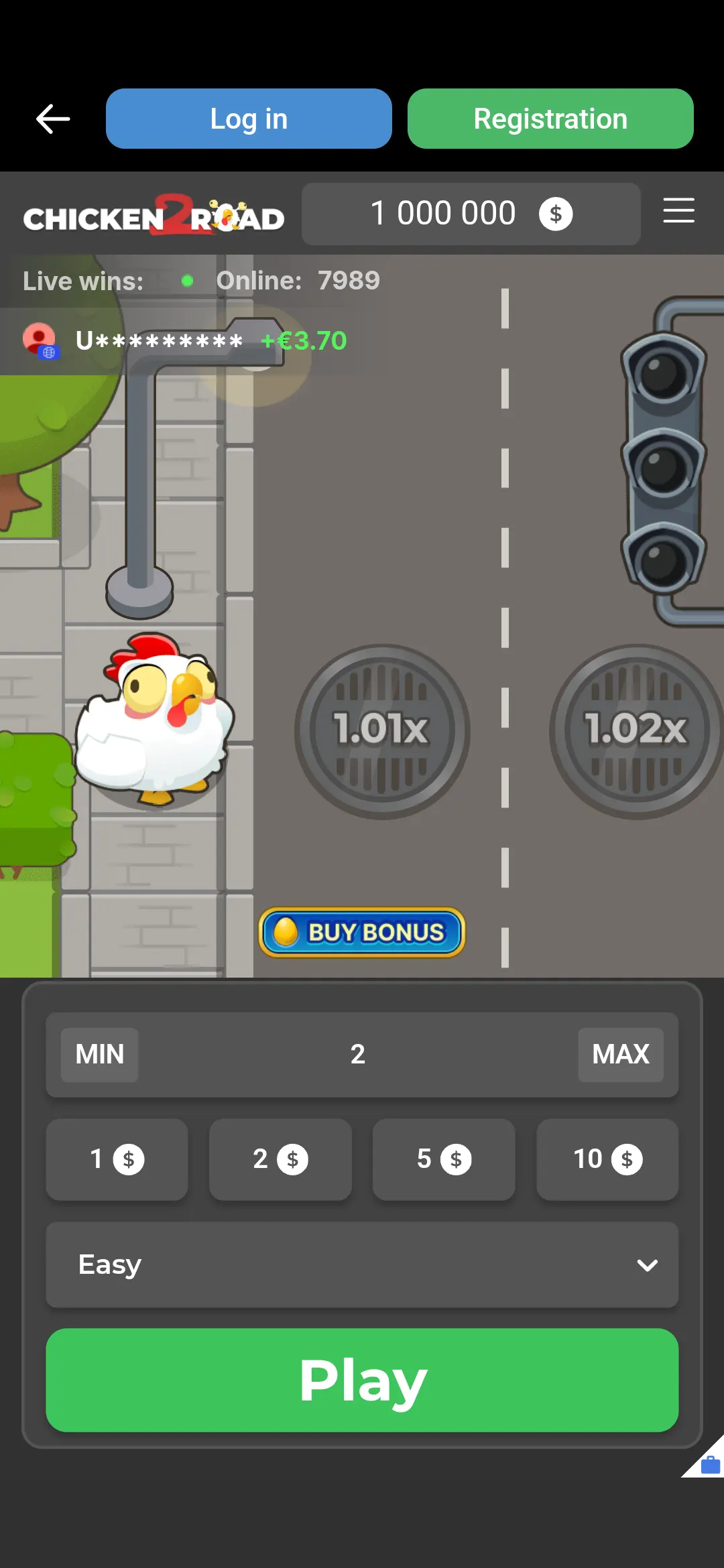 1xBet Android app Chicken Road 2 game screen