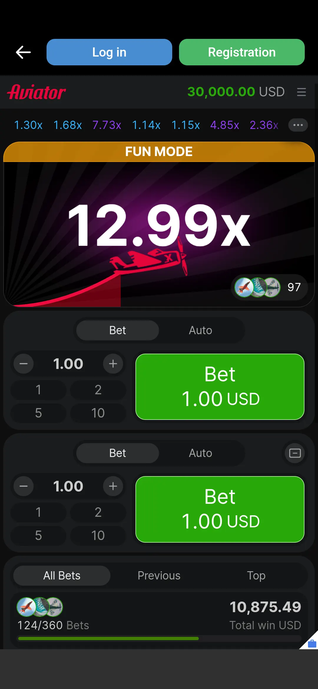 1xBet APK Aviator crash game screen on Android